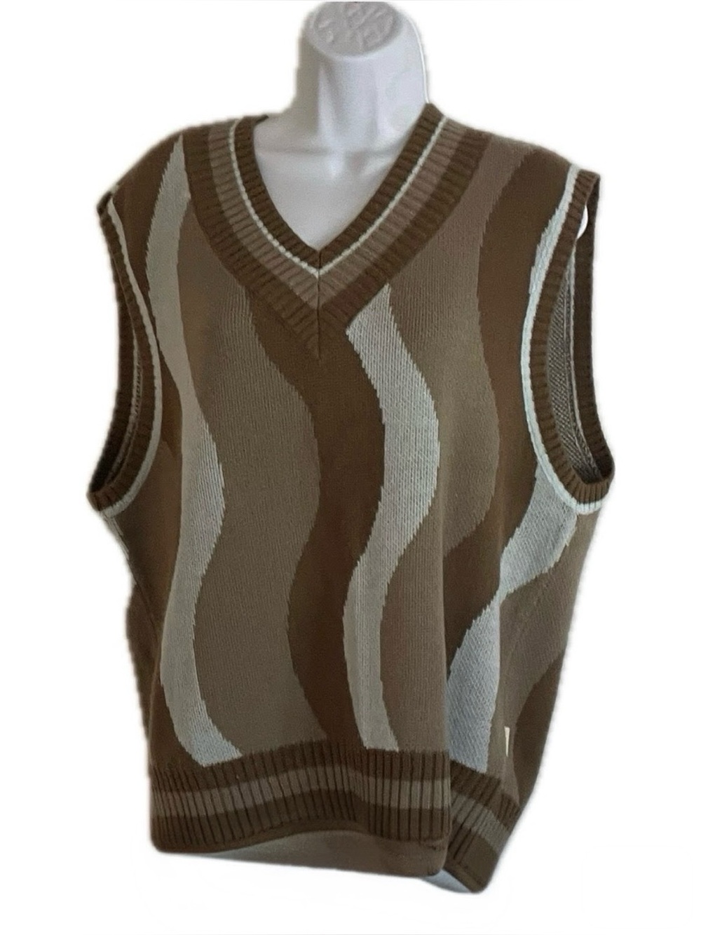 Urban Outfitters Brown & Cream Wavy V-Neck Knit Vest